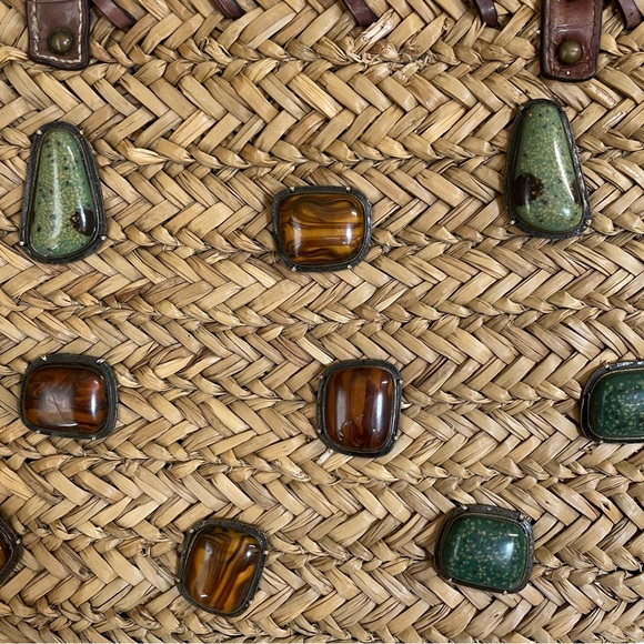 Nine West Artisan Woven Natural Straw Tote Bag with Brown and Green Accents - Picture 2 of 10